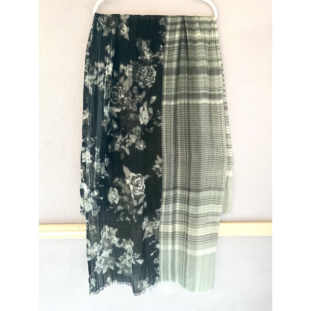 J. Jill Wool Floral Tartan Print Fringe‎ Scarf Shawl Oversized
